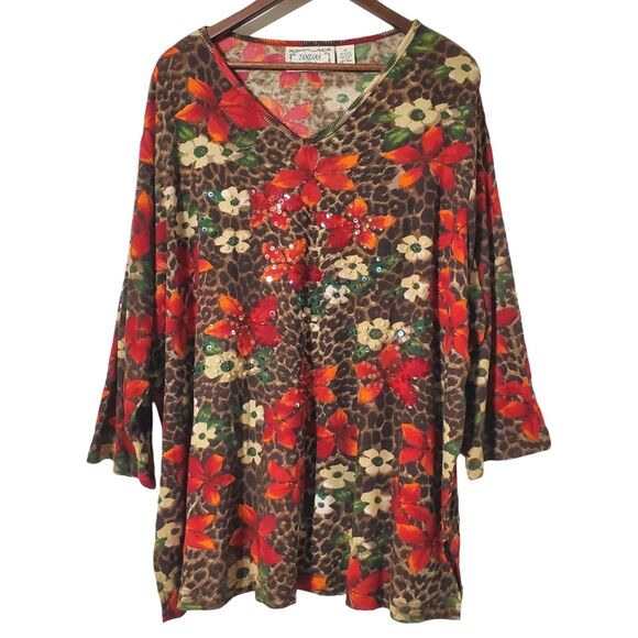 Tanzara Boho Floral Top Size 3X Plus Sequin Animal Print 3/4 Sleeve Womens - Picture 1 of 9